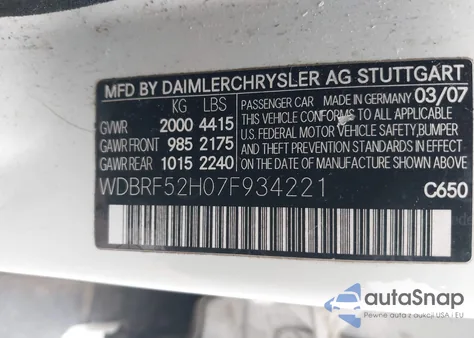 2007 Mercedes-Benz C 230 Sport z USA, uszkodzony, nr VIN WDBRF52H07F934221